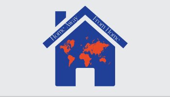 Home Away From Home logo with orange world map overlaying blue house icon